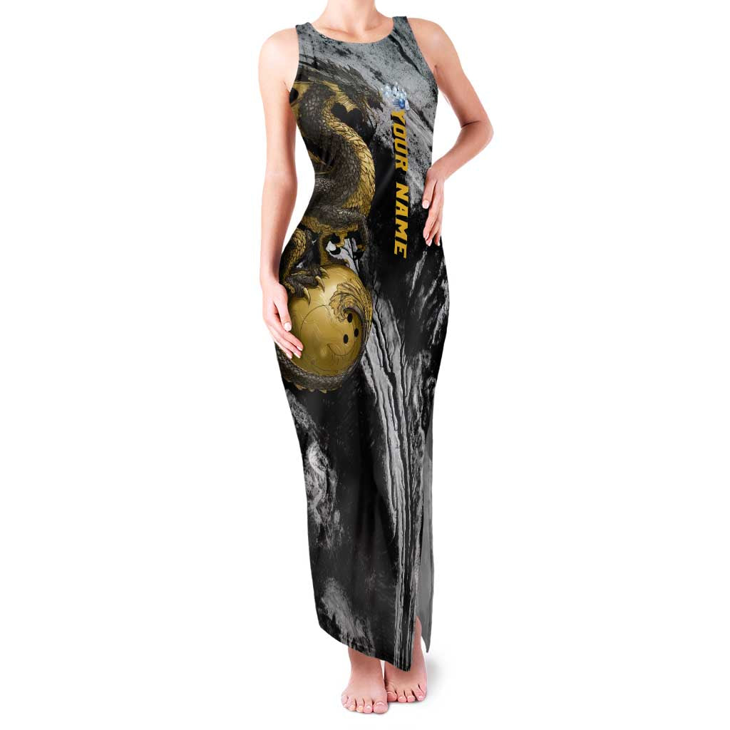 Golden Dragon and Bowling Ball Design Family Matching Tank Maxi Dress and Hawaiian Shirt with Marble Stone Texture and Custom Team Name Text - Wonder Print Shop