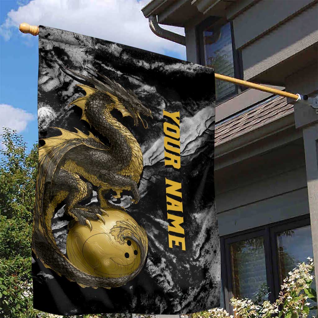 Golden Dragon and Bowling Ball Design Garden Flag with Marble Stone Texture and Custom Team Name Text - Wonder Print Shop