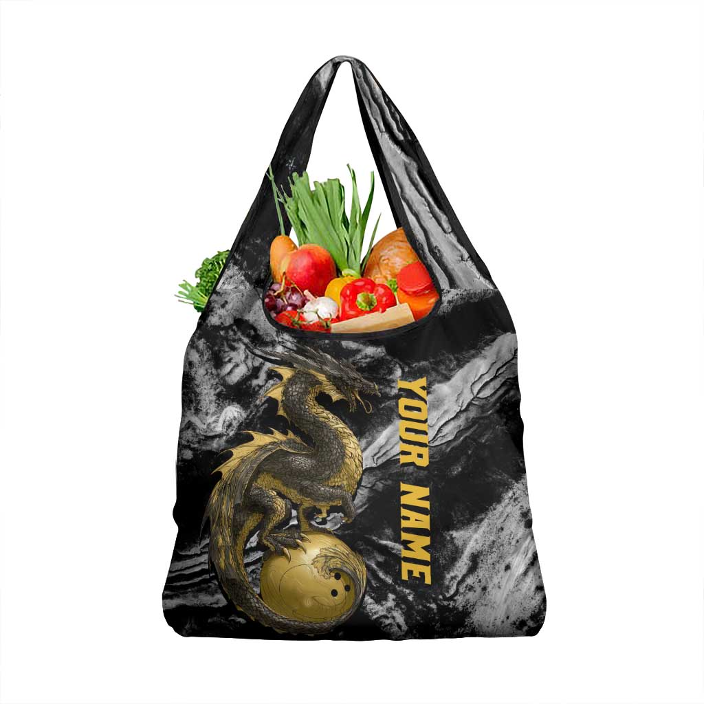 Golden Dragon and Bowling Ball Design Grocery Bag with Marble Stone Texture and Custom Team Name Text - Wonder Print Shop