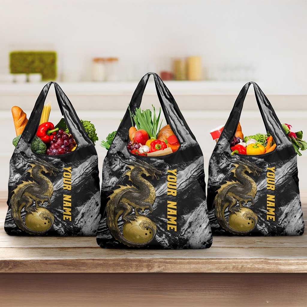 Golden Dragon and Bowling Ball Design Grocery Bag with Marble Stone Texture and Custom Team Name Text - Wonder Print Shop