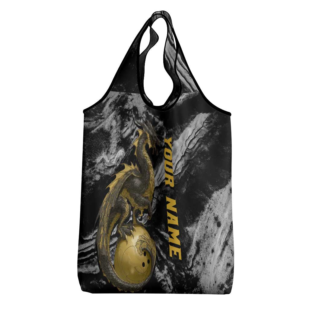 Golden Dragon and Bowling Ball Design Grocery Bag with Marble Stone Texture and Custom Team Name Text - Wonder Print Shop
