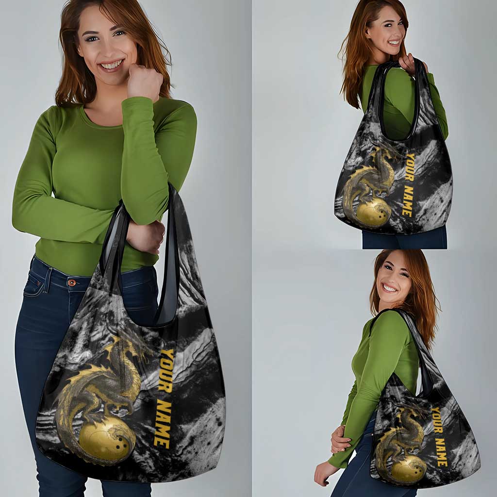 Golden Dragon and Bowling Ball Design Grocery Bag with Marble Stone Texture and Custom Team Name Text - Wonder Print Shop