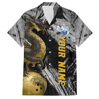 Golden Dragon and Bowling Ball Design Hawaiian Shirt with Marble Stone Texture and Custom Team Name Text - Wonder Print Shop