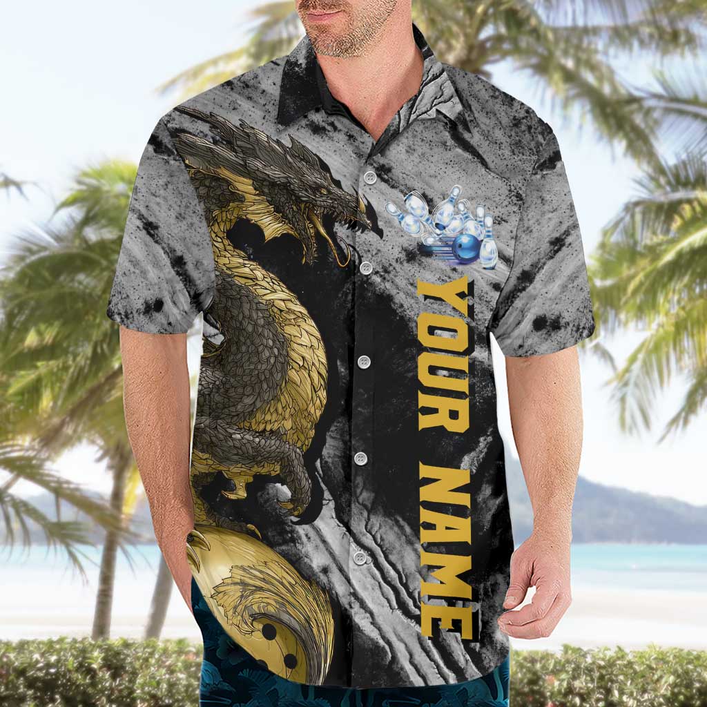 Golden Dragon and Bowling Ball Design Hawaiian Shirt with Marble Stone Texture and Custom Team Name Text - Wonder Print Shop