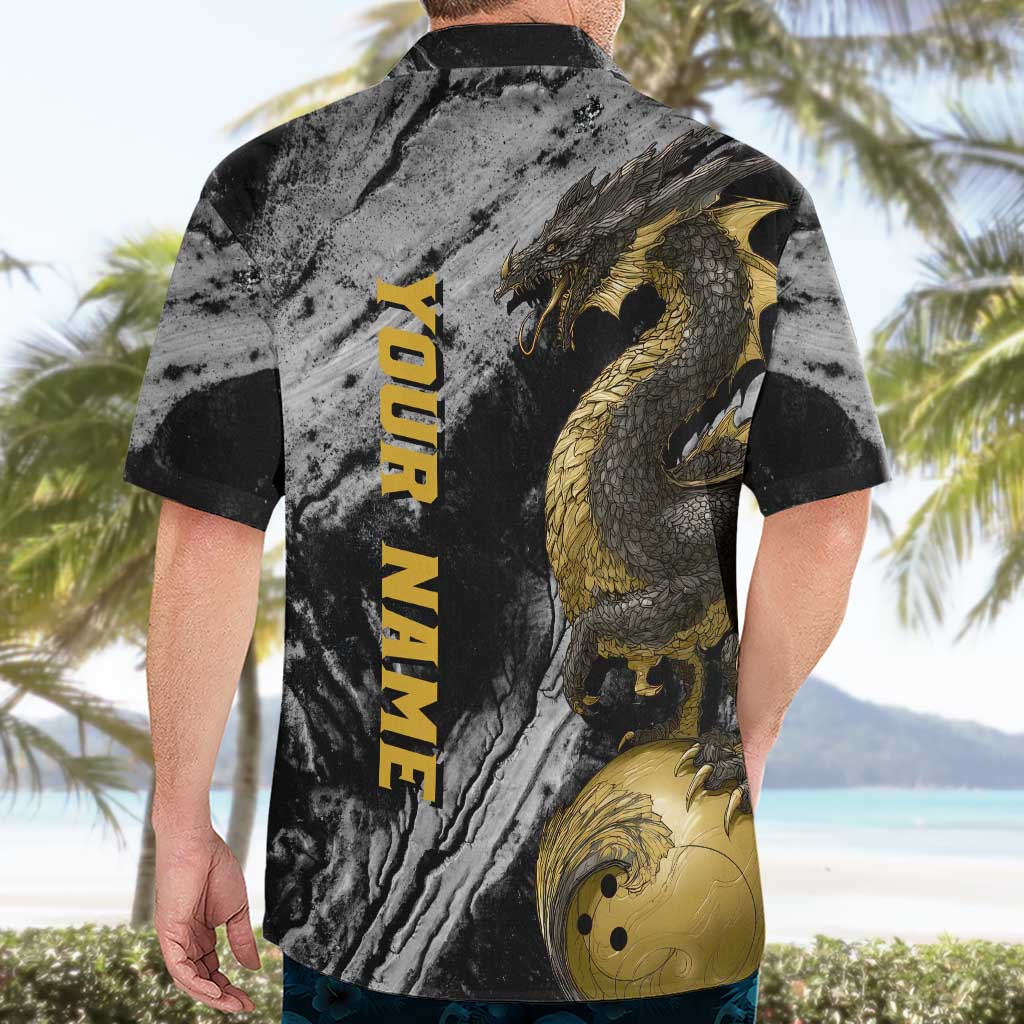 Golden Dragon and Bowling Ball Design Hawaiian Shirt with Marble Stone Texture and Custom Team Name Text - Wonder Print Shop