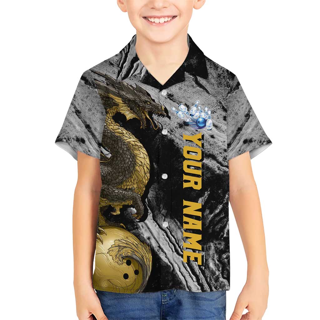 Golden Dragon and Bowling Ball Design Hawaiian Shirt with Marble Stone Texture and Custom Team Name Text - Wonder Print Shop