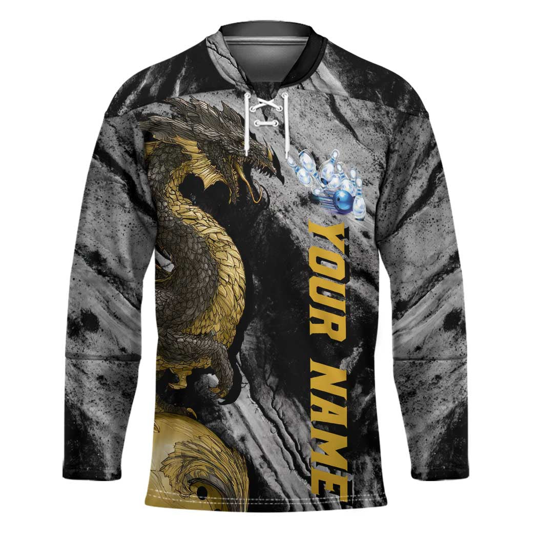 Golden Dragon and Bowling Ball Design Hockey Jersey with Marble Stone Texture and Custom Team Name Text - Wonder Print Shop