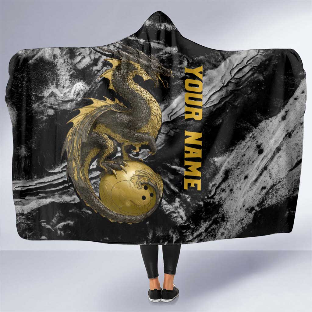 Golden Dragon and Bowling Ball Design Hooded Blanket with Marble Stone Texture and Custom Team Name Text - Wonder Print Shop