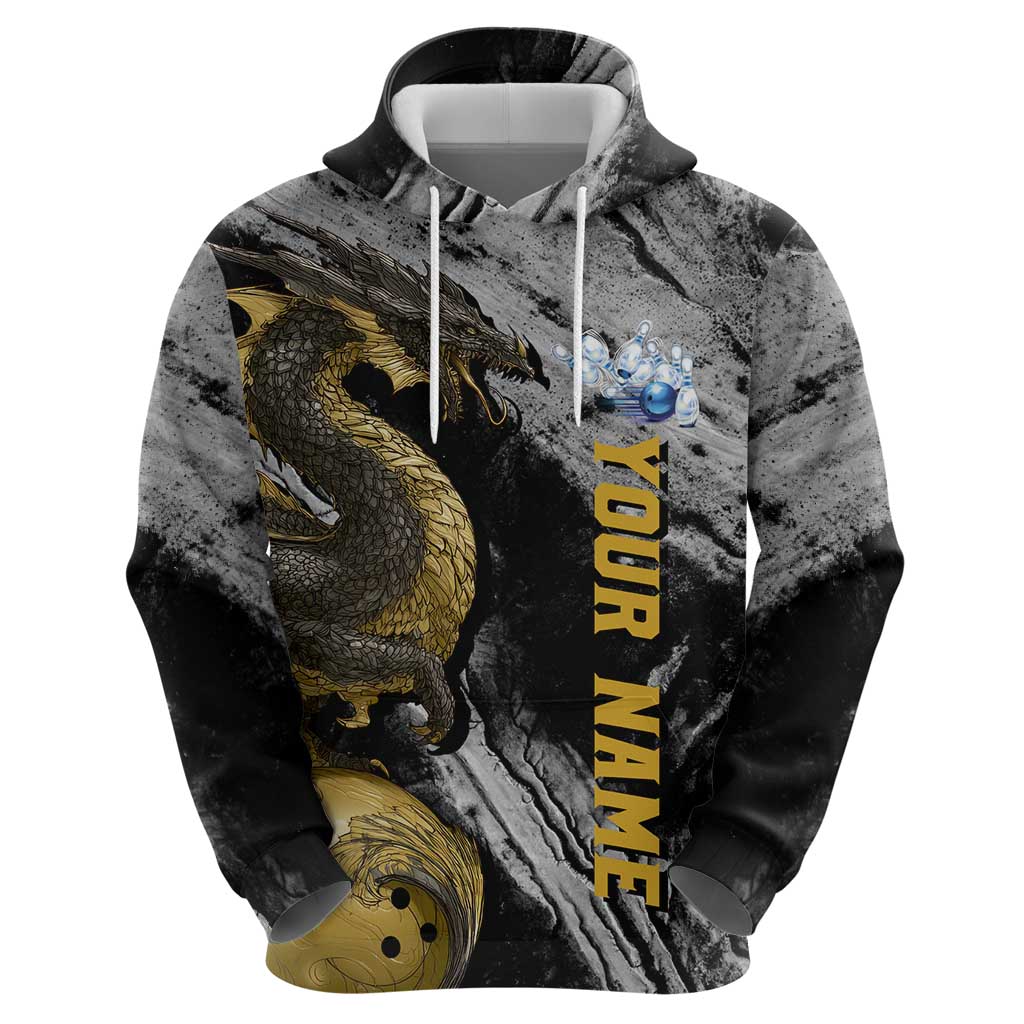Golden Dragon and Bowling Ball Design Hoodie with Marble Stone Texture and Custom Team Name Text - Wonder Print Shop