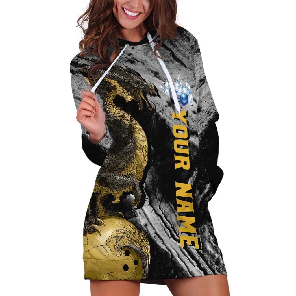 Golden Dragon and Bowling Ball Design Hoodie Dress with Marble Stone Texture and Custom Team Name Text - Wonder Print Shop