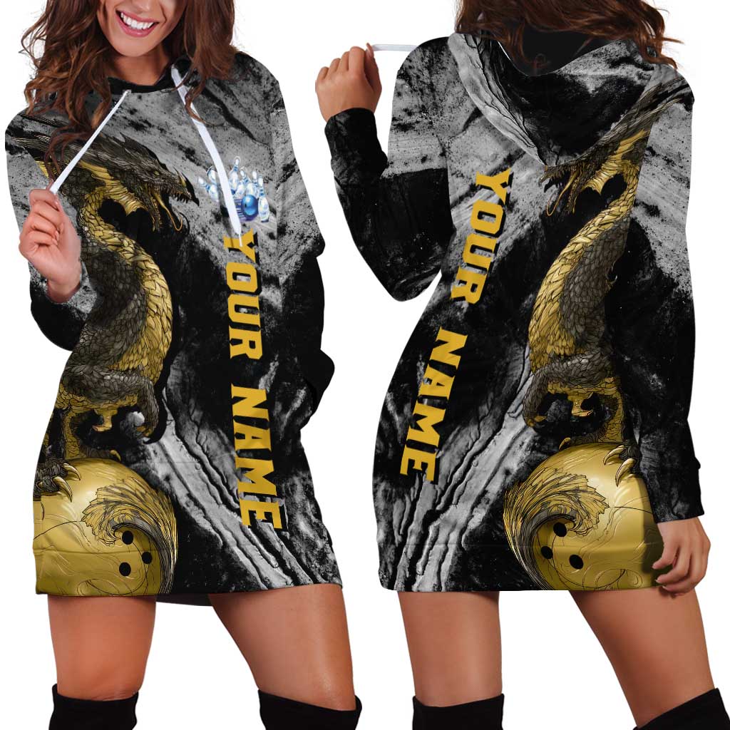 Golden Dragon and Bowling Ball Design Hoodie Dress with Marble Stone Texture and Custom Team Name Text - Wonder Print Shop
