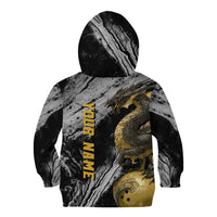 Golden Dragon and Bowling Ball Design Kid Hoodie with Marble Stone Texture and Custom Team Name Text - Wonder Print Shop