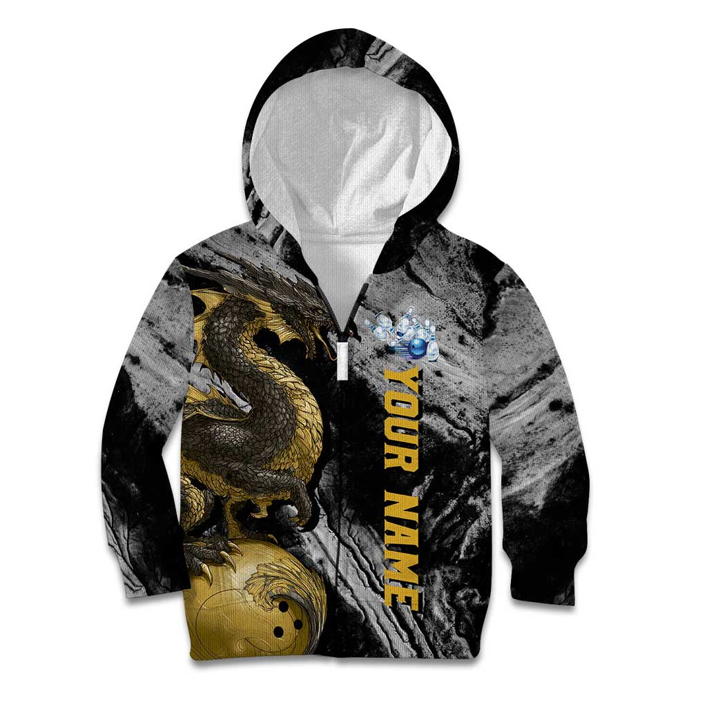 Golden Dragon and Bowling Ball Design Kid Hoodie with Marble Stone Texture and Custom Team Name Text - Wonder Print Shop