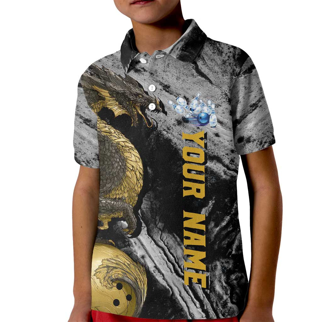 Golden Dragon and Bowling Ball Design Kid Polo Shirt with Marble Stone Texture and Custom Team Name Text - Wonder Print Shop