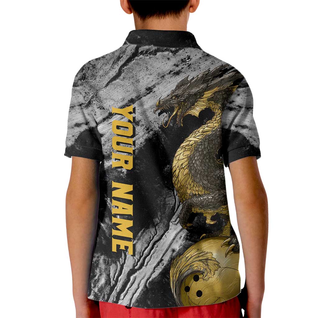 Golden Dragon and Bowling Ball Design Kid Polo Shirt with Marble Stone Texture and Custom Team Name Text - Wonder Print Shop
