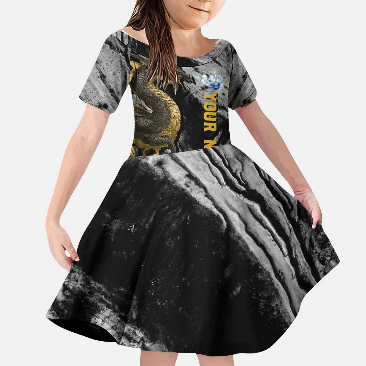 Golden Dragon and Bowling Ball Design Kid Short Sleeve Dress with Marble Stone Texture and Custom Team Name Text - Wonder Print Shop