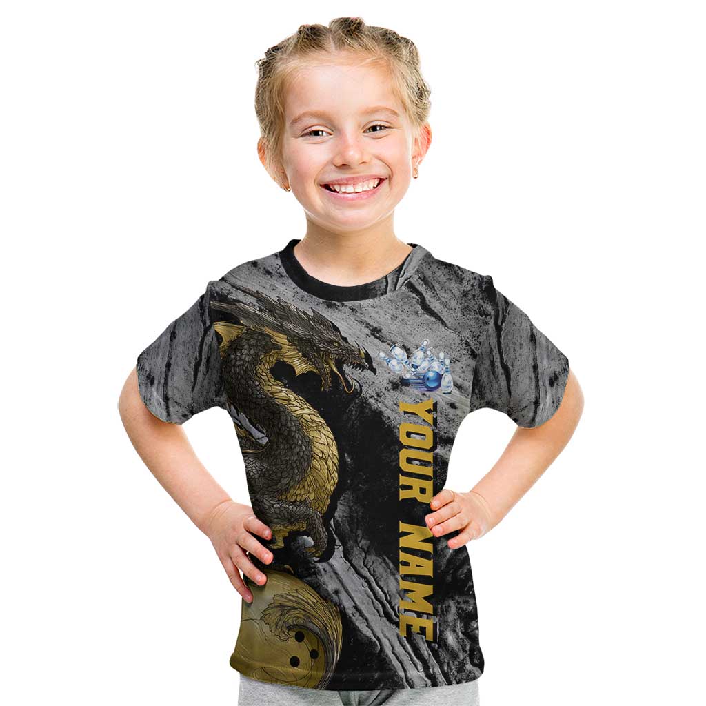 Golden Dragon and Bowling Ball Design Kid T Shirt with Marble Stone Texture and Custom Team Name Text - Wonder Print Shop