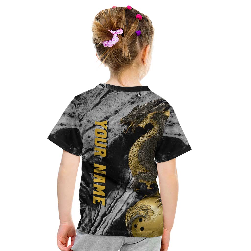Golden Dragon and Bowling Ball Design Kid T Shirt with Marble Stone Texture and Custom Team Name Text - Wonder Print Shop