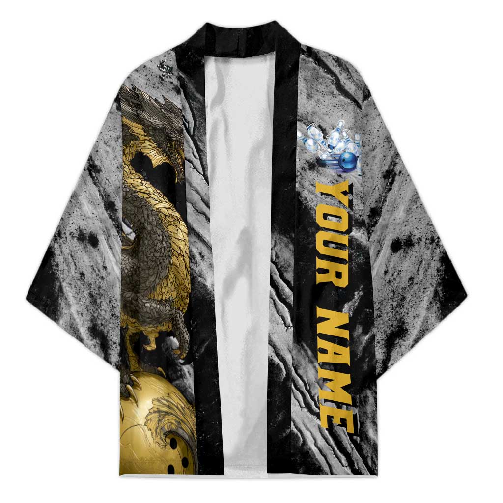 Golden Dragon and Bowling Ball Design Kimono with Marble Stone Texture and Custom Team Name Text - Wonder Print Shop