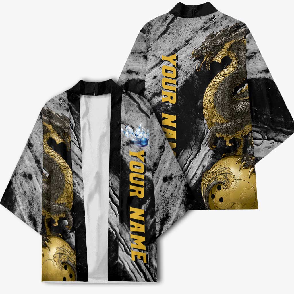 Golden Dragon and Bowling Ball Design Kimono with Marble Stone Texture and Custom Team Name Text - Wonder Print Shop