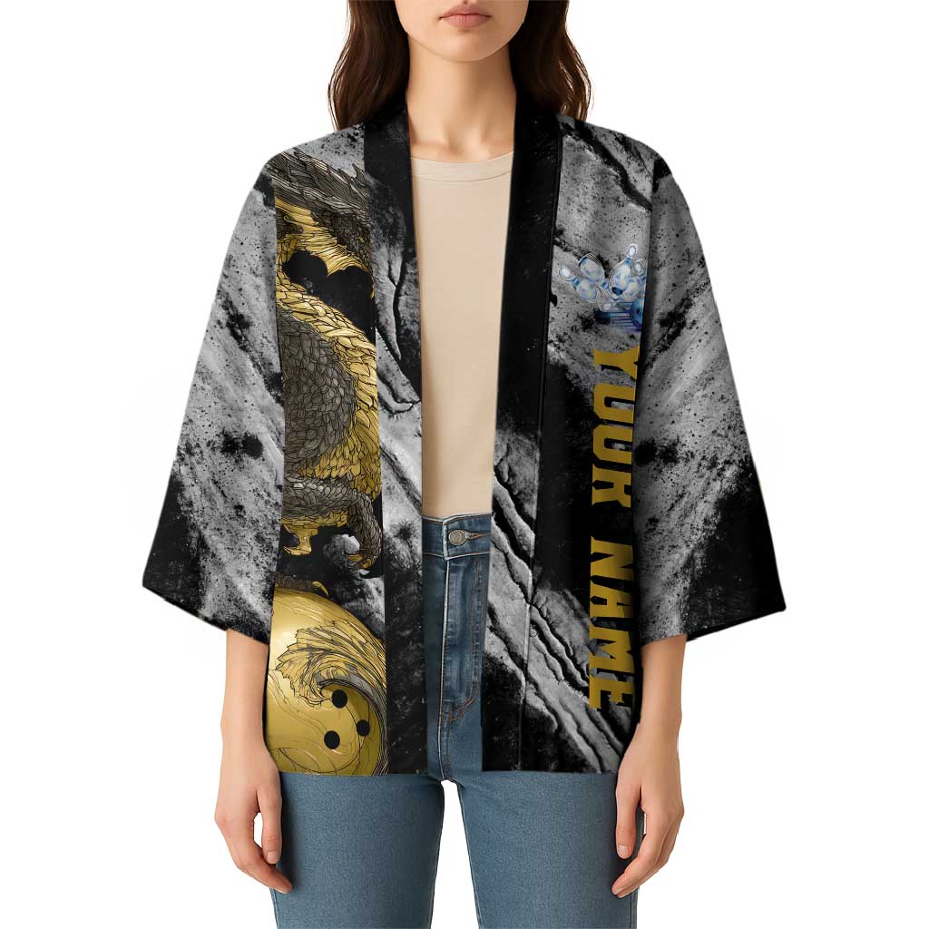 Golden Dragon and Bowling Ball Design Kimono with Marble Stone Texture and Custom Team Name Text - Wonder Print Shop
