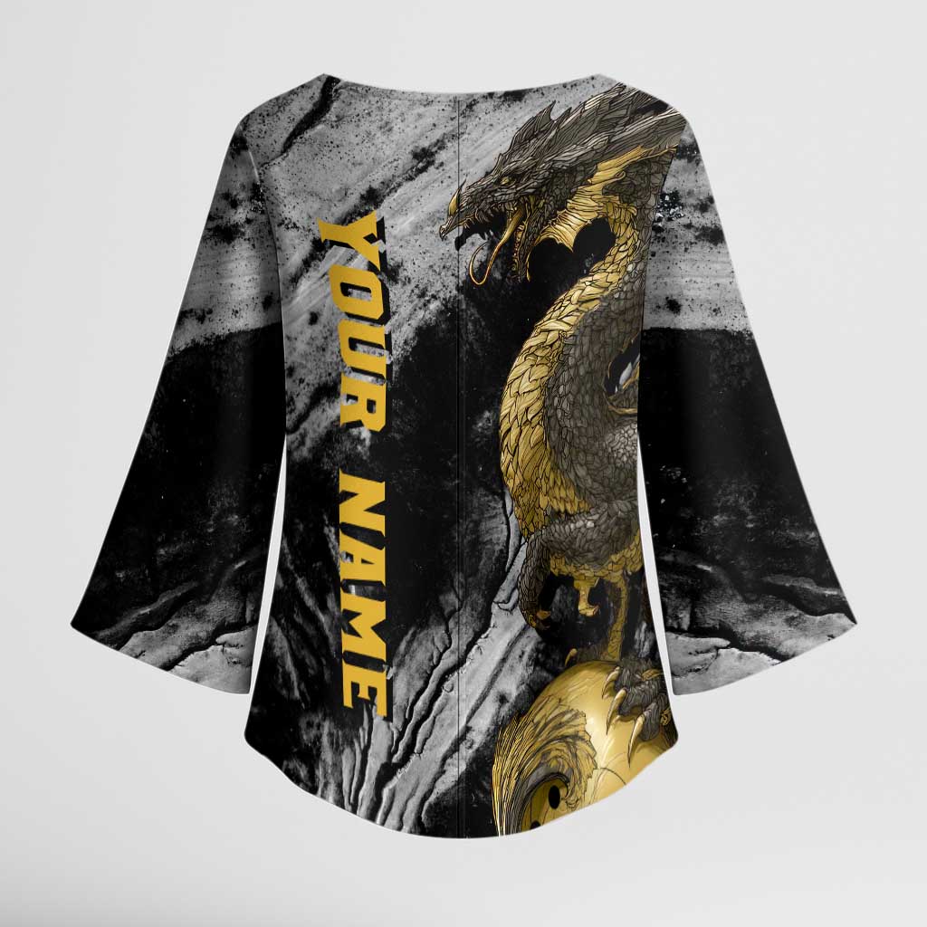 Golden Dragon and Bowling Ball Design Kimono Sleeve Blouse with Marble Stone Texture and Custom Team Name Text - Wonder Print Shop