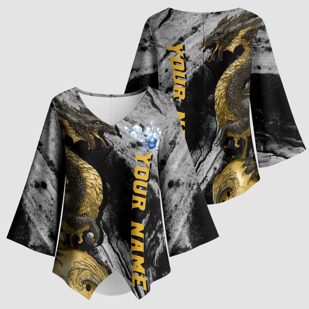 Golden Dragon and Bowling Ball Design Kimono Sleeve Blouse with Marble Stone Texture and Custom Team Name Text - Wonder Print Shop