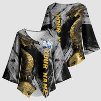 Golden Dragon and Bowling Ball Design Kimono Sleeve Blouse with Marble Stone Texture and Custom Team Name Text - Wonder Print Shop