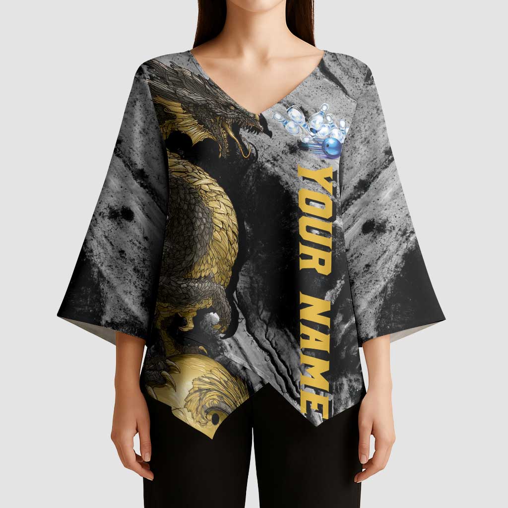 Golden Dragon and Bowling Ball Design Kimono Sleeve Blouse with Marble Stone Texture and Custom Team Name Text - Wonder Print Shop