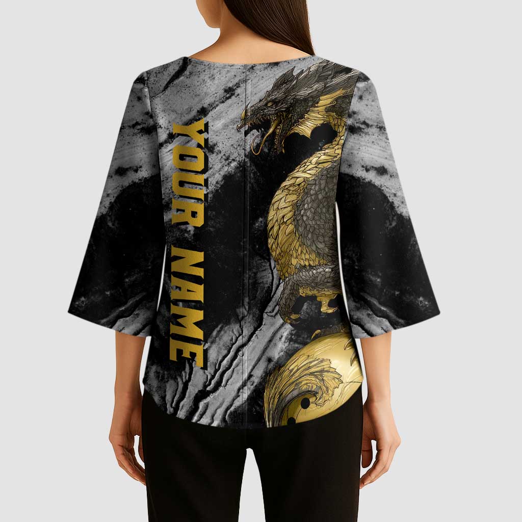 Golden Dragon and Bowling Ball Design Kimono Sleeve Blouse with Marble Stone Texture and Custom Team Name Text - Wonder Print Shop