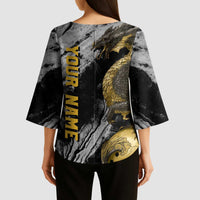 Golden Dragon and Bowling Ball Design Kimono Sleeve Blouse with Marble Stone Texture and Custom Team Name Text - Wonder Print Shop