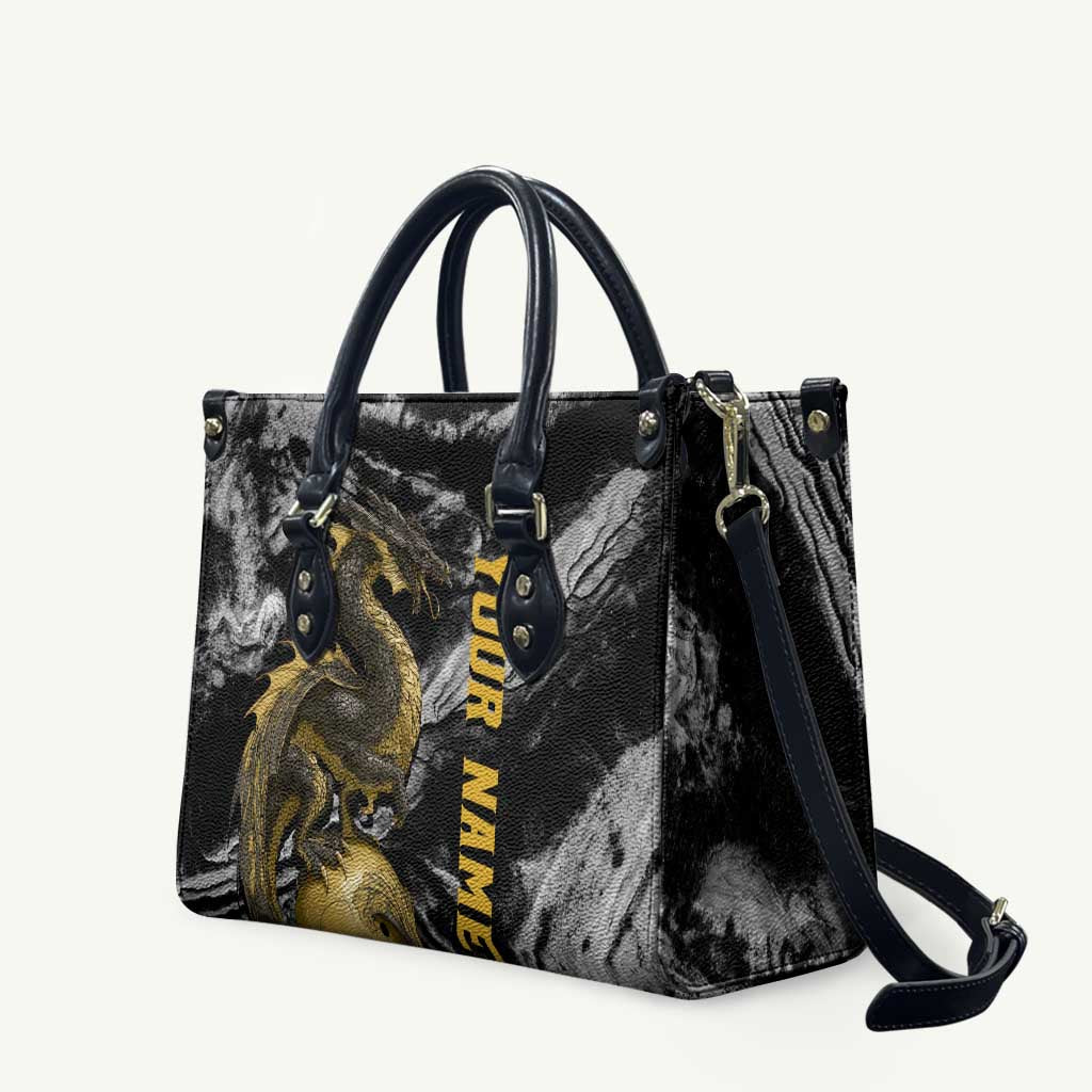 Golden Dragon and Bowling Ball Design Leather Bag with Marble Stone Texture and Custom Team Name Text - Wonder Print Shop