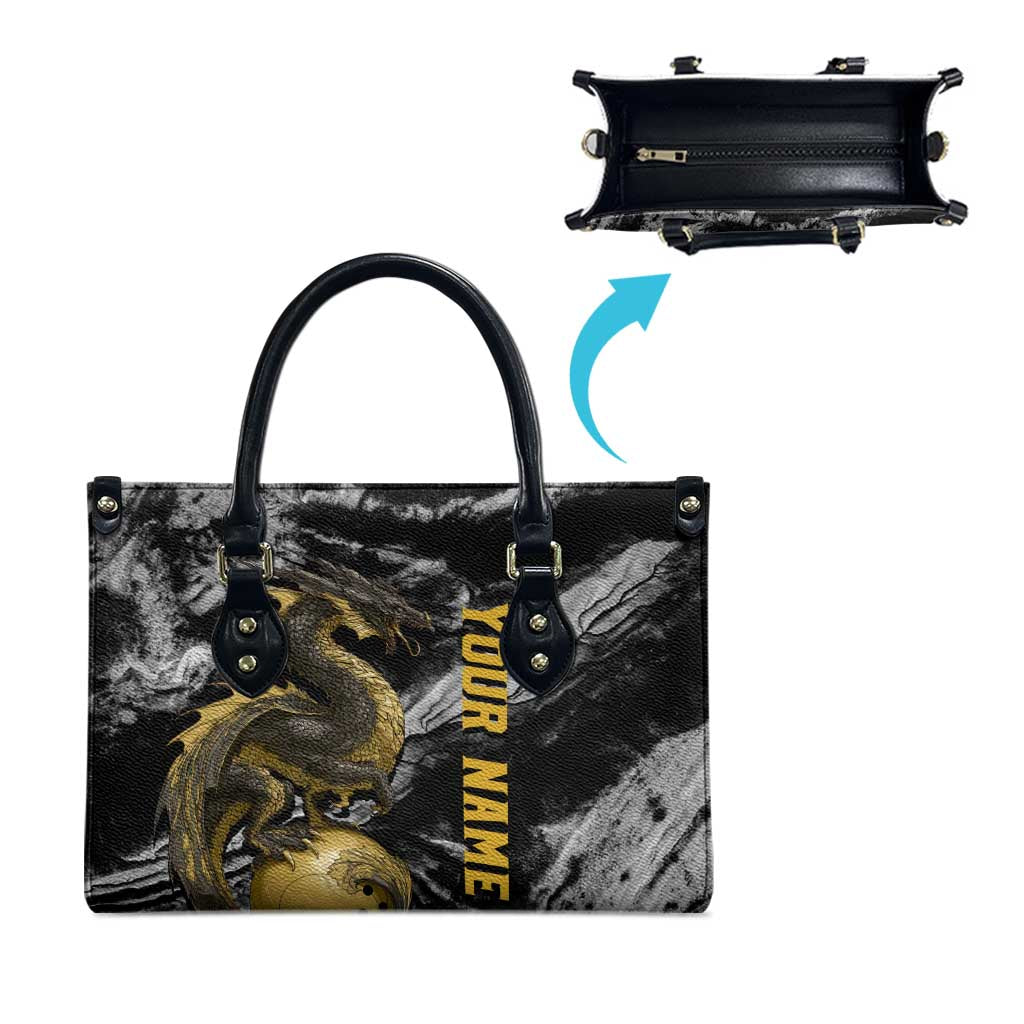 Golden Dragon and Bowling Ball Design Leather Bag with Marble Stone Texture and Custom Team Name Text - Wonder Print Shop