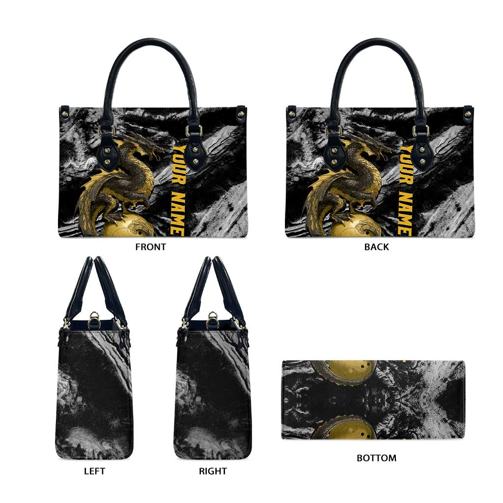 Golden Dragon and Bowling Ball Design Leather Bag with Marble Stone Texture and Custom Team Name Text - Wonder Print Shop