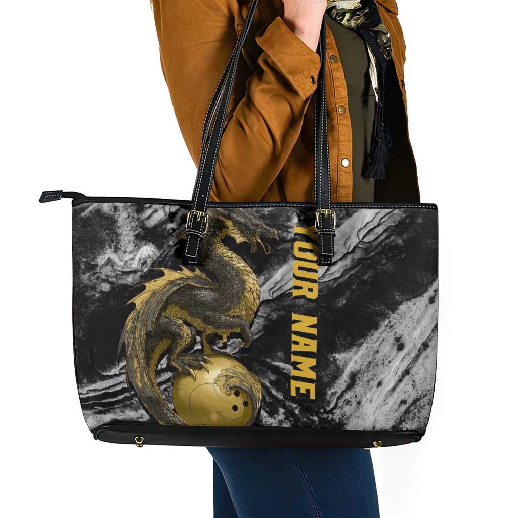Golden Dragon and Bowling Ball Design Leather Tote Bag with Marble Stone Texture and Custom Team Name Text - Wonder Print Shop