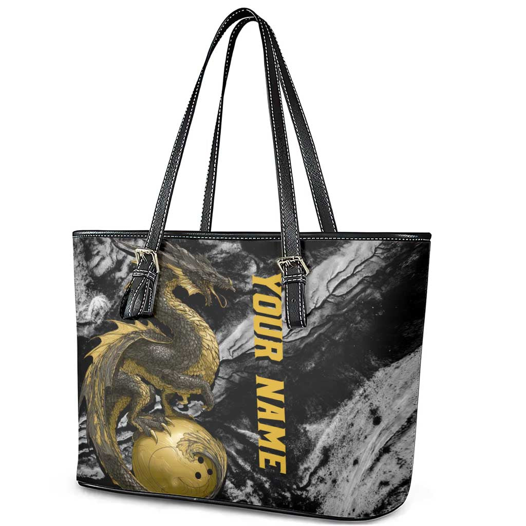 Golden Dragon and Bowling Ball Design Leather Tote Bag with Marble Stone Texture and Custom Team Name Text - Wonder Print Shop