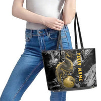 Golden Dragon and Bowling Ball Design Leather Tote Bag with Marble Stone Texture and Custom Team Name Text - Wonder Print Shop