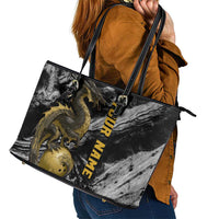 Golden Dragon and Bowling Ball Design Leather Tote Bag with Marble Stone Texture and Custom Team Name Text - Wonder Print Shop