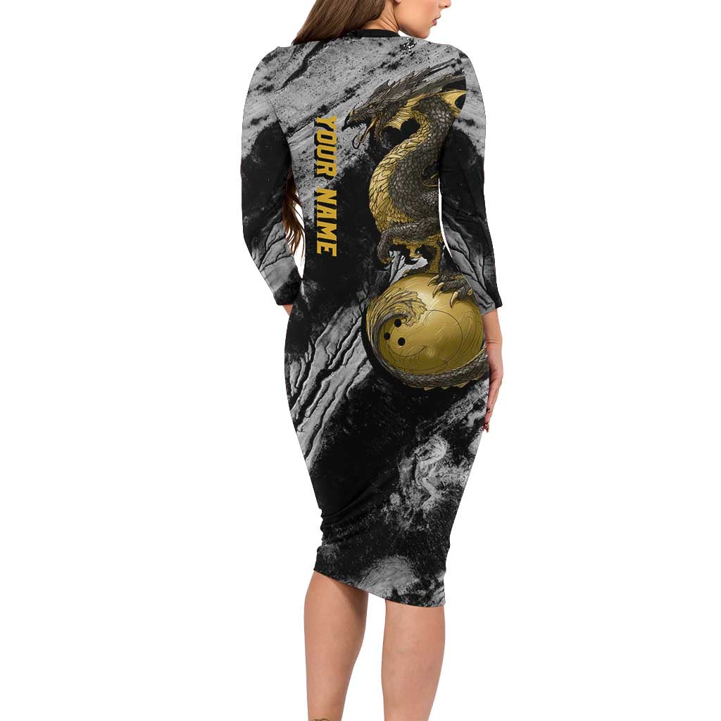 Golden Dragon and Bowling Ball Design Long Sleeve Bodycon Dress with Marble Stone Texture and Custom Team Name Text - Wonder Print Shop