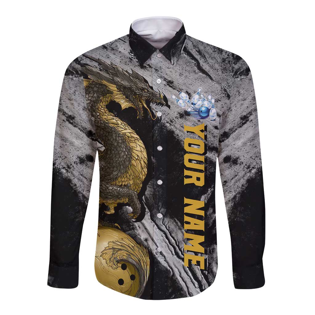 Golden Dragon and Bowling Ball Design Long Sleeve Button Shirt with Marble Stone Texture and Custom Team Name Text - Wonder Print Shop