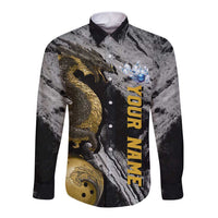Golden Dragon and Bowling Ball Design Long Sleeve Button Shirt with Marble Stone Texture and Custom Team Name Text - Wonder Print Shop