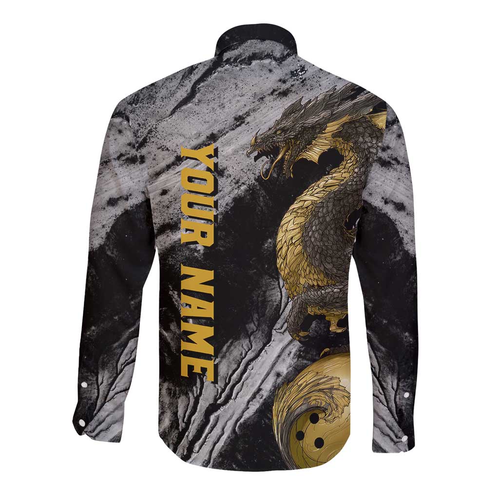 Golden Dragon and Bowling Ball Design Long Sleeve Button Shirt with Marble Stone Texture and Custom Team Name Text - Wonder Print Shop