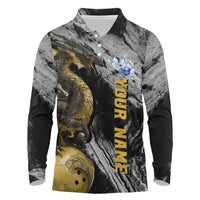 Golden Dragon and Bowling Ball Design Long Sleeve Polo Shirt with Marble Stone Texture and Custom Team Name Text - Wonder Print Shop