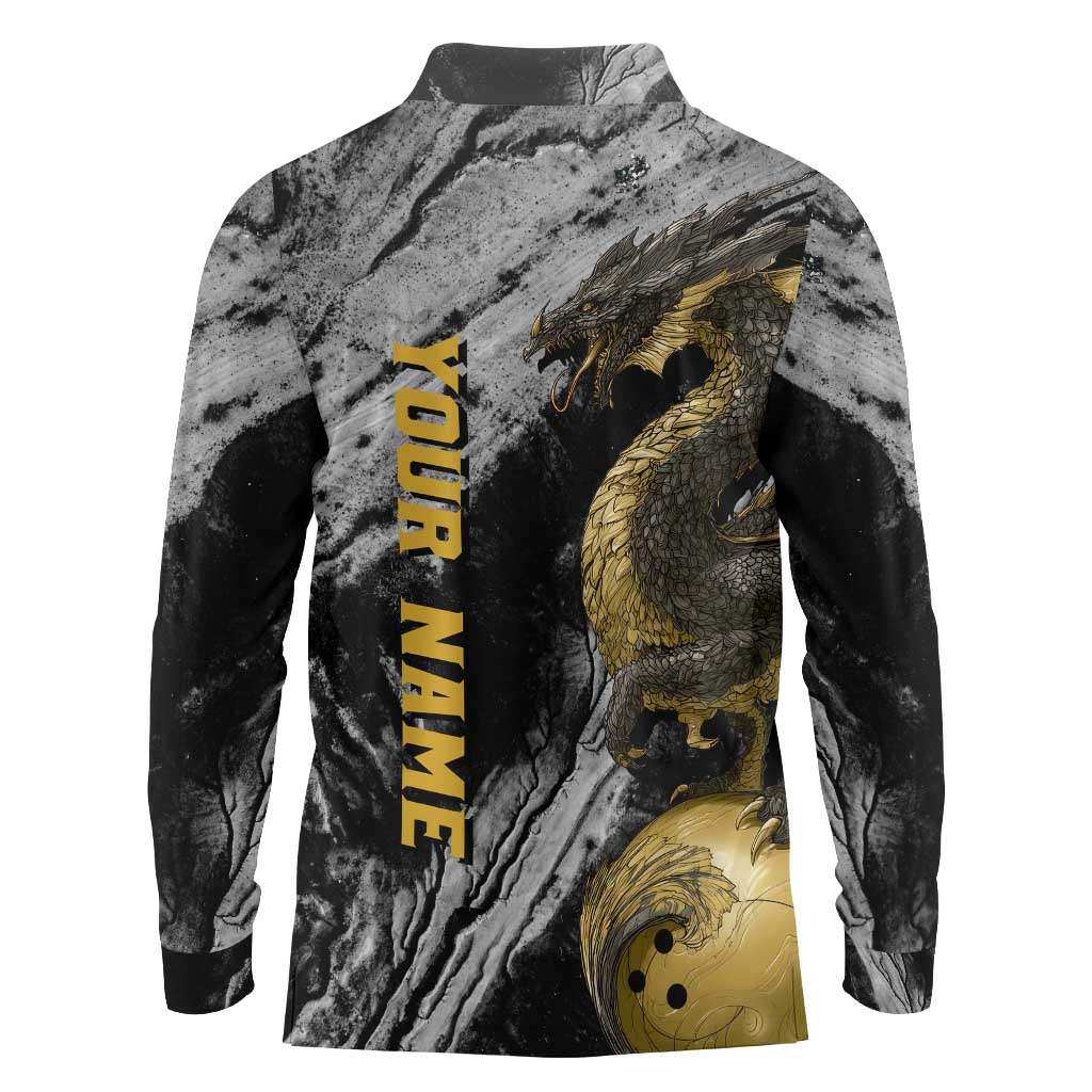 Golden Dragon and Bowling Ball Design Long Sleeve Polo Shirt with Marble Stone Texture and Custom Team Name Text - Wonder Print Shop