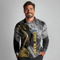 Golden Dragon and Bowling Ball Design Long Sleeve Polo Shirt with Marble Stone Texture and Custom Team Name Text - Wonder Print Shop