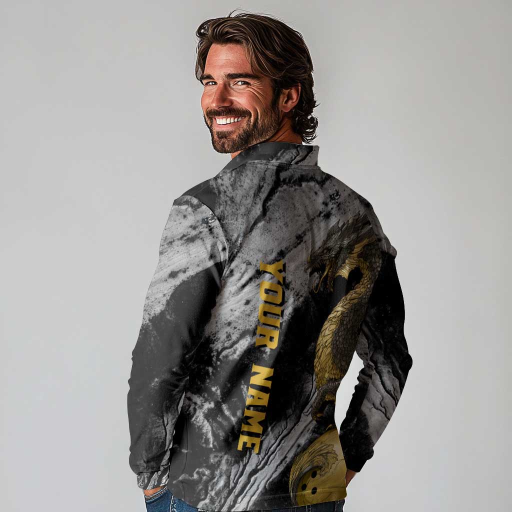 Golden Dragon and Bowling Ball Design Long Sleeve Polo Shirt with Marble Stone Texture and Custom Team Name Text - Wonder Print Shop