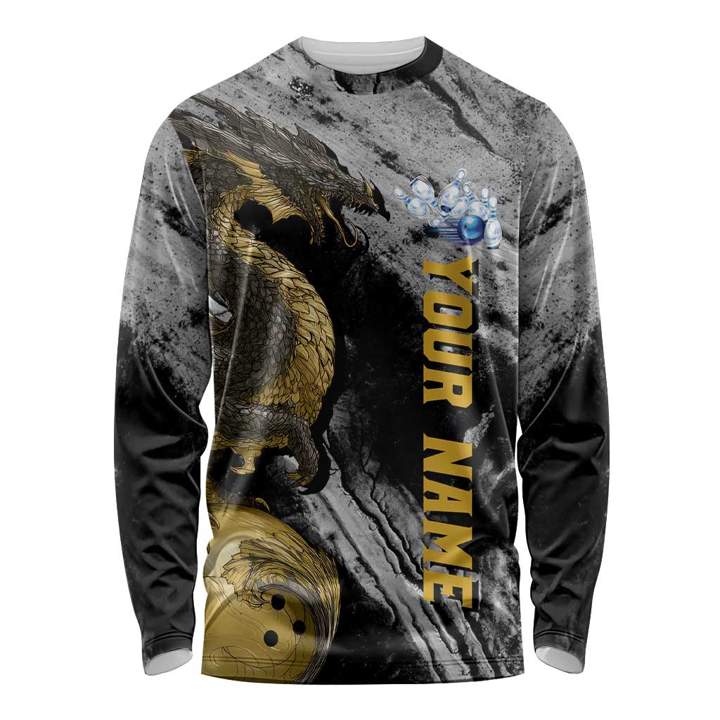 Golden Dragon and Bowling Ball Design Long Sleeve Shirt with Marble Stone Texture and Custom Team Name Text - Wonder Print Shop