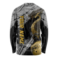 Golden Dragon and Bowling Ball Design Long Sleeve Shirt with Marble Stone Texture and Custom Team Name Text - Wonder Print Shop
