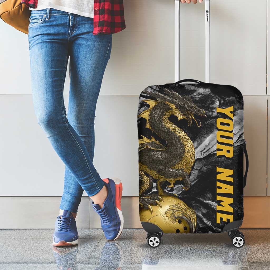 Golden Dragon and Bowling Ball Design Luggage Cover with Marble Stone Texture and Custom Team Name Text - Wonder Print Shop