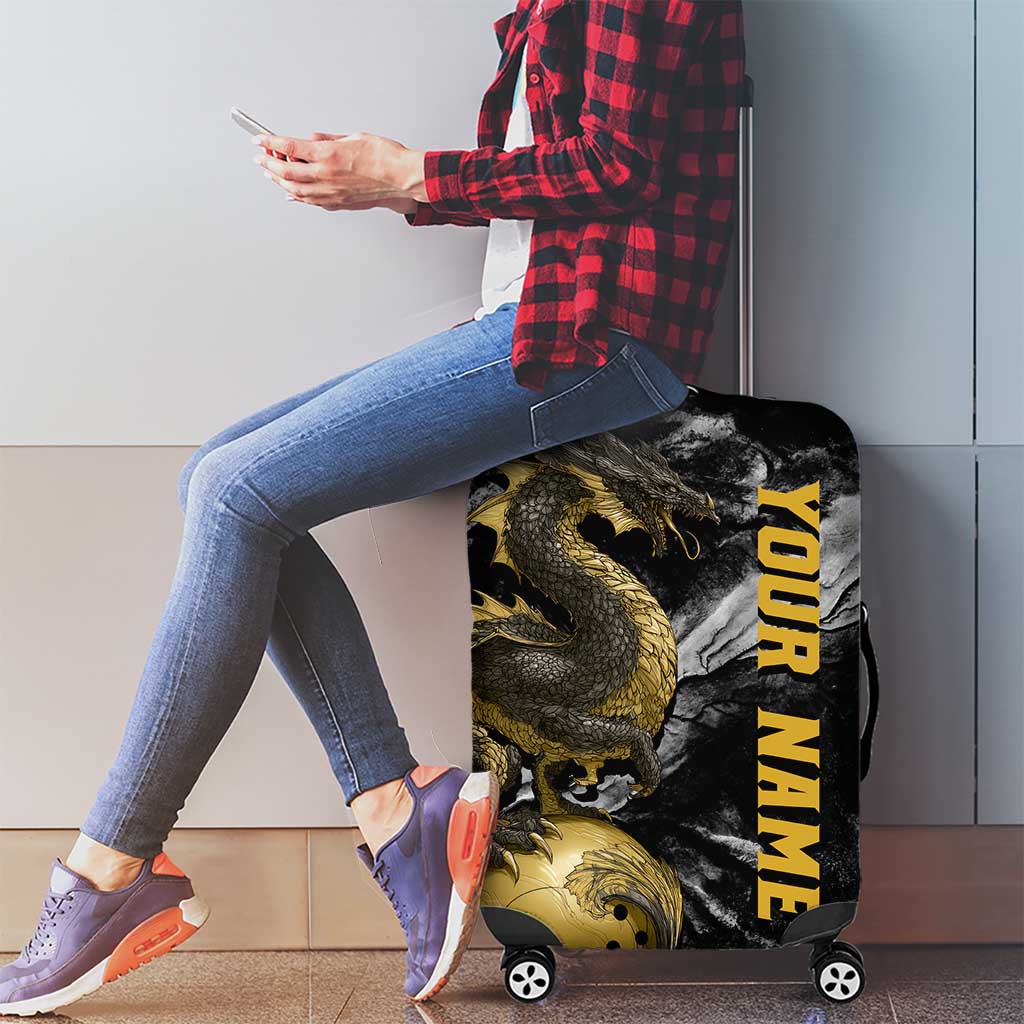 Golden Dragon and Bowling Ball Design Luggage Cover with Marble Stone Texture and Custom Team Name Text - Wonder Print Shop